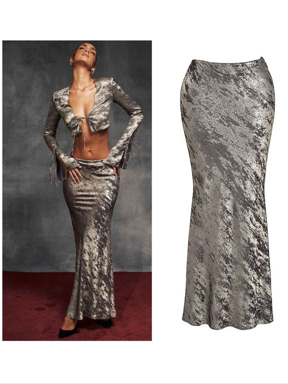 House of CB Clara Skirt Size XS Biased Cut Midi Pewter Stretch Satin NEW